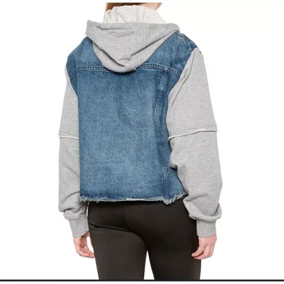 We the Free by Free People Denim Button Sweatshirt Sleeve Hooded Oversized Sz XS - Picture 2 of 9